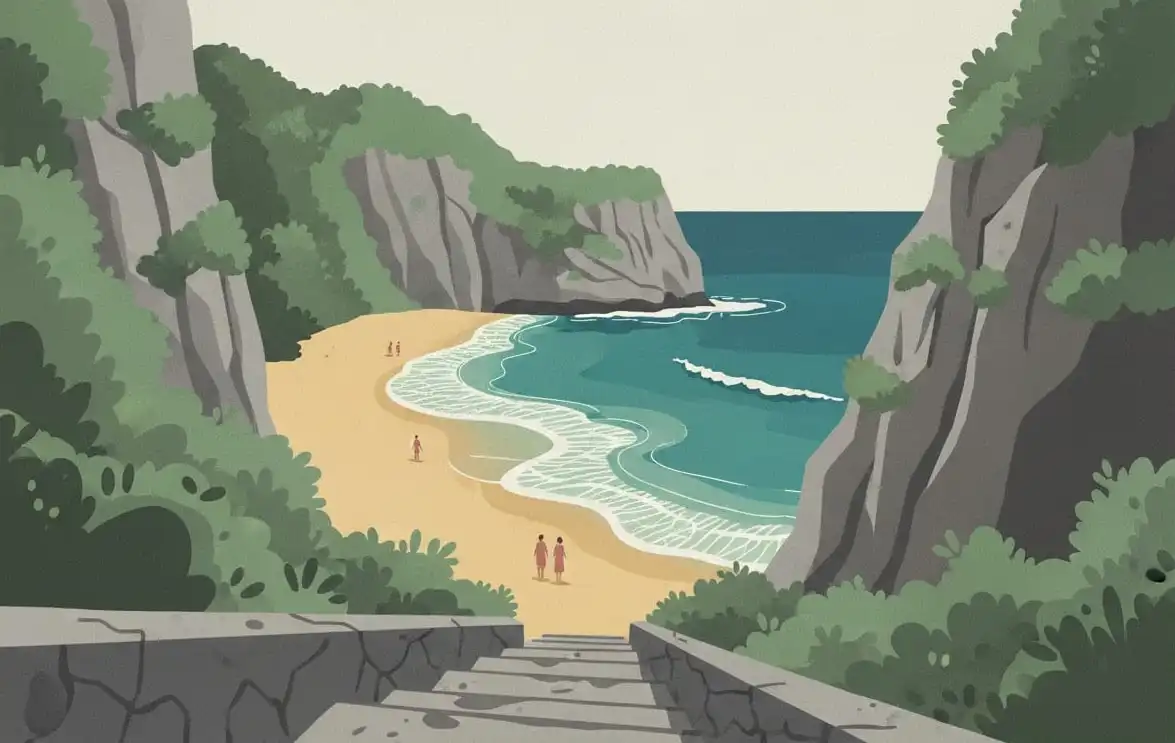 Praia de Padang Padang: ilustração criada com inteligência artificial, não é uma foto