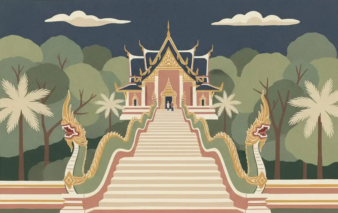 普考通寺（Wat Phu Khao Thong）：人工智慧生成的插畫，並非實景照片
